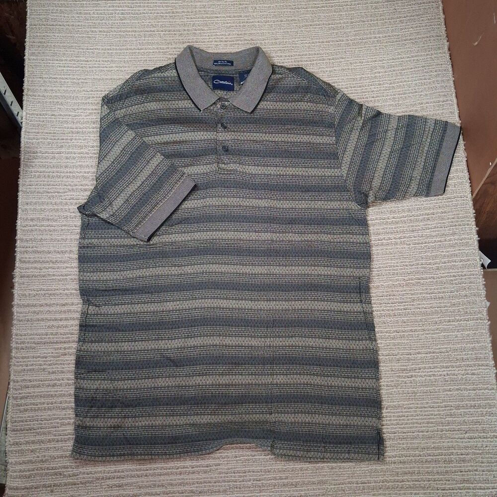 ​Catalina Mens Large Polo Shirt 60s Two Ply Mercerized Cotton Geometric Gray...